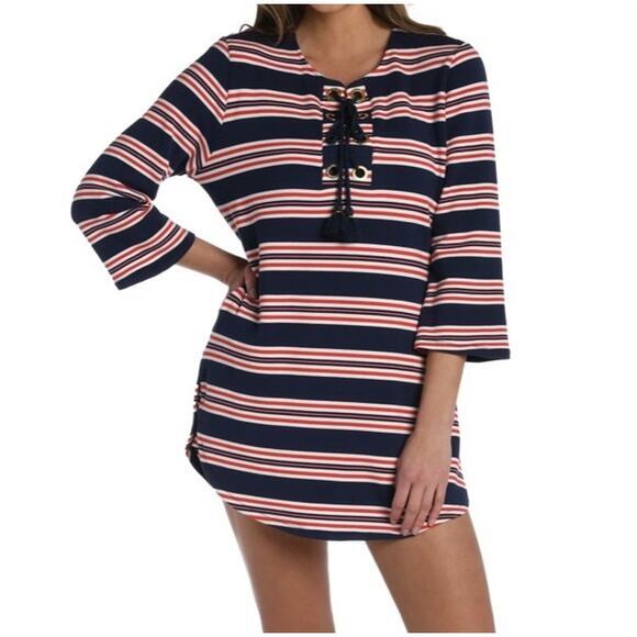 LA BLANCA Sailor Stripe Lace Up V-Neck Tunic ‎ Size Small - Picture 2 of 10